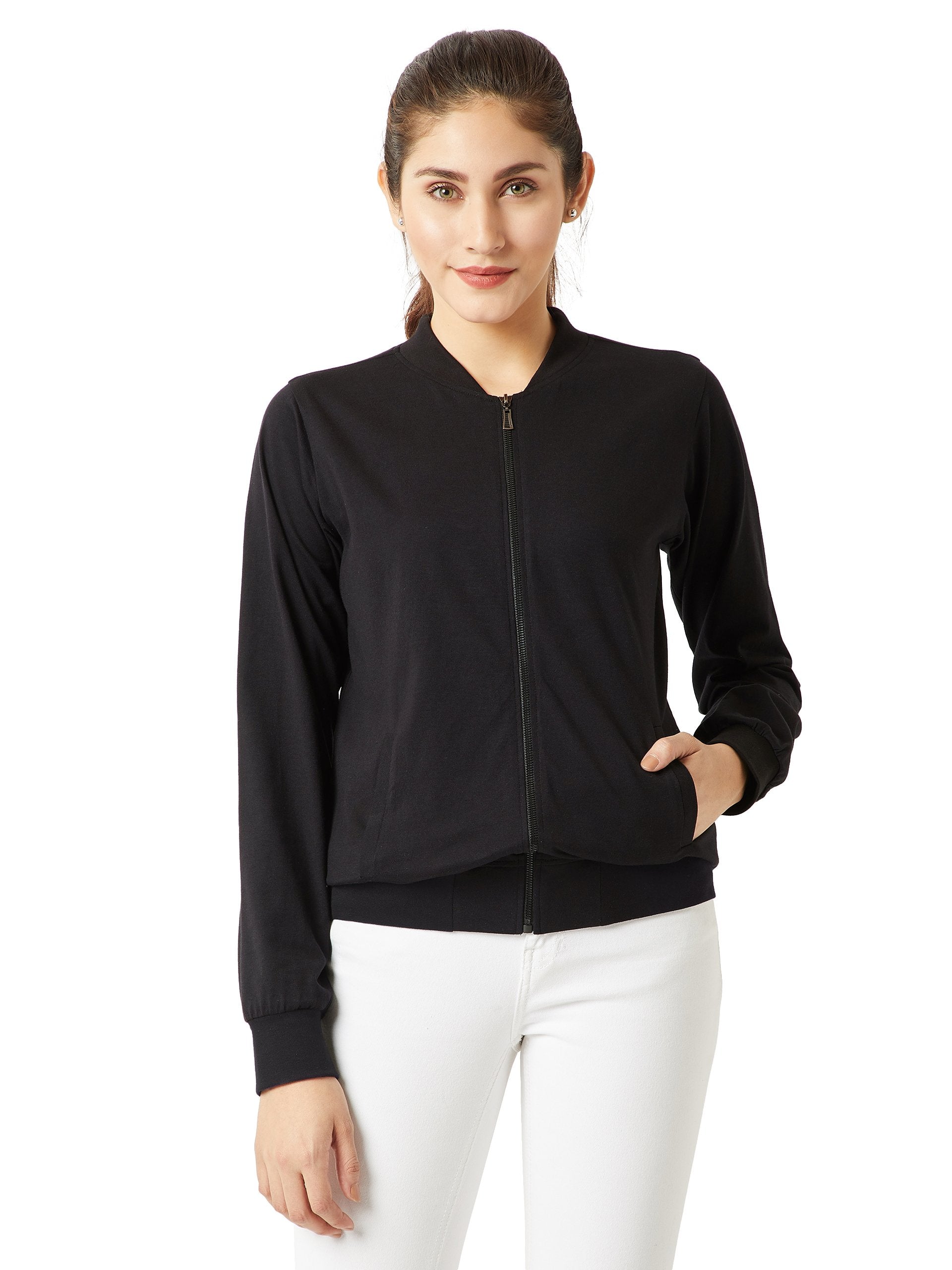 Miss Chase WomenS Black Round Neck Full Sleeves Cotton Regular Fit Solid Bomber Jacket (Mcaw18Jkt02-22-62-06, Black, X-Large)