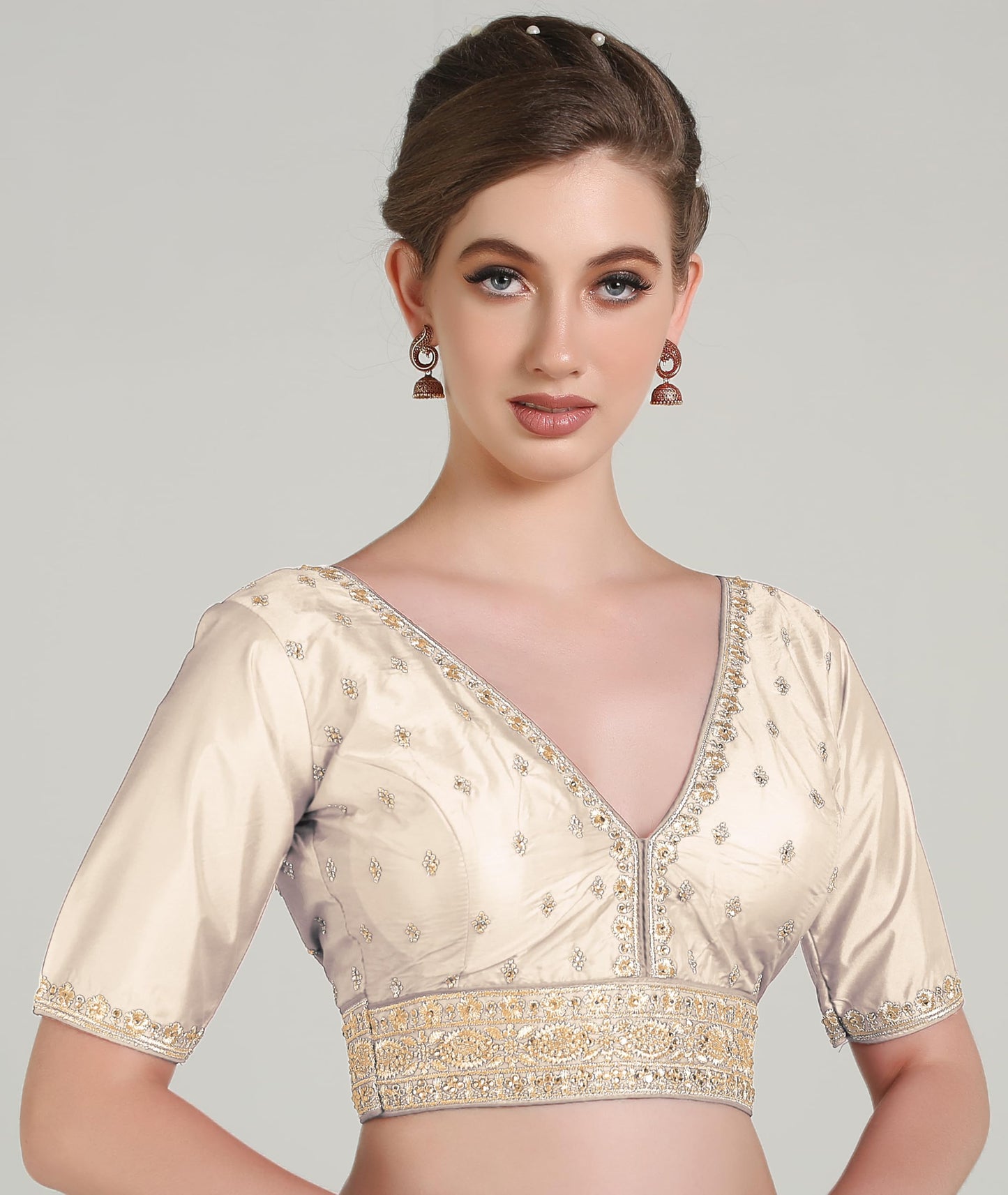 Pujia Mills Woman Readymade Ethnic Wear Deep V Neck Classic Butti Designer Half Sleeve Red Blouse Online Embroidery Zari Work Wi