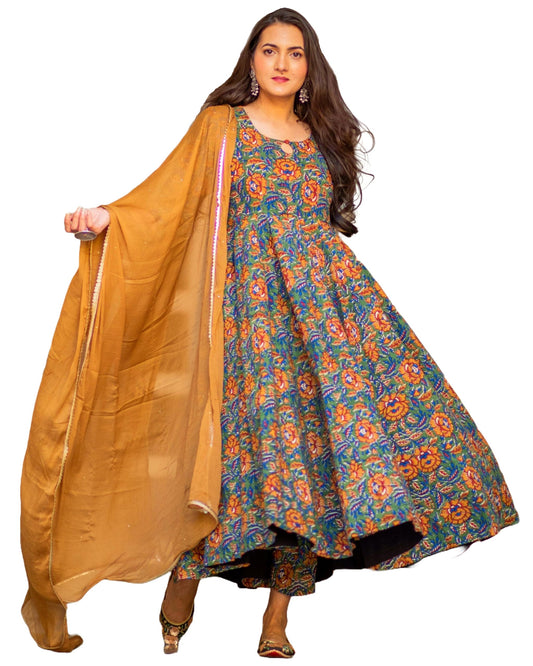 Gosriki WomenS Rayon Blend Bagru Printed Anarkali Kurta With Pant & Dupatta (Locket-Multi-Gs_Xxl_Mustard_Xx-Large)