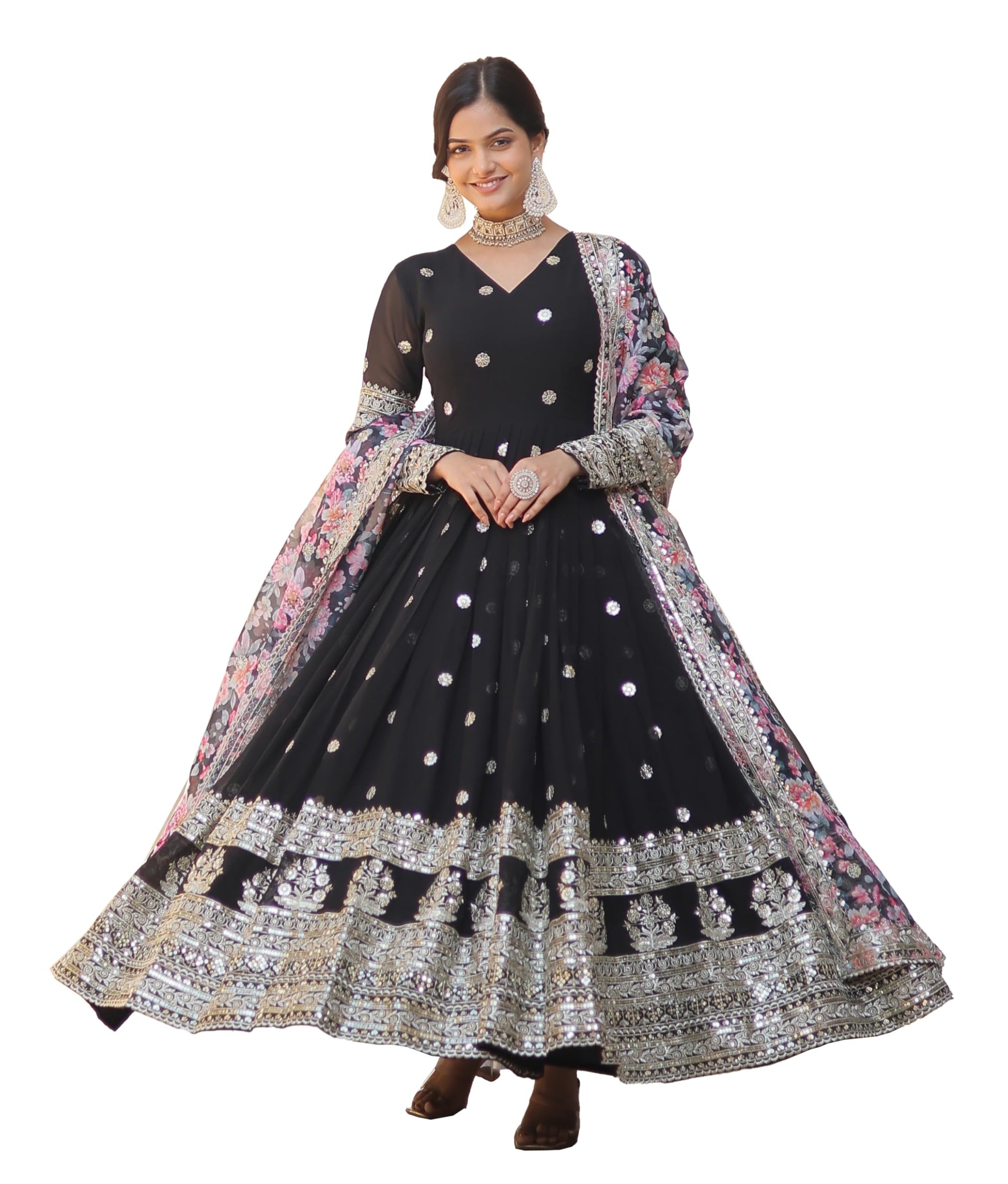 Fashion Basket Gergette Embroidered Long Anarkali Black