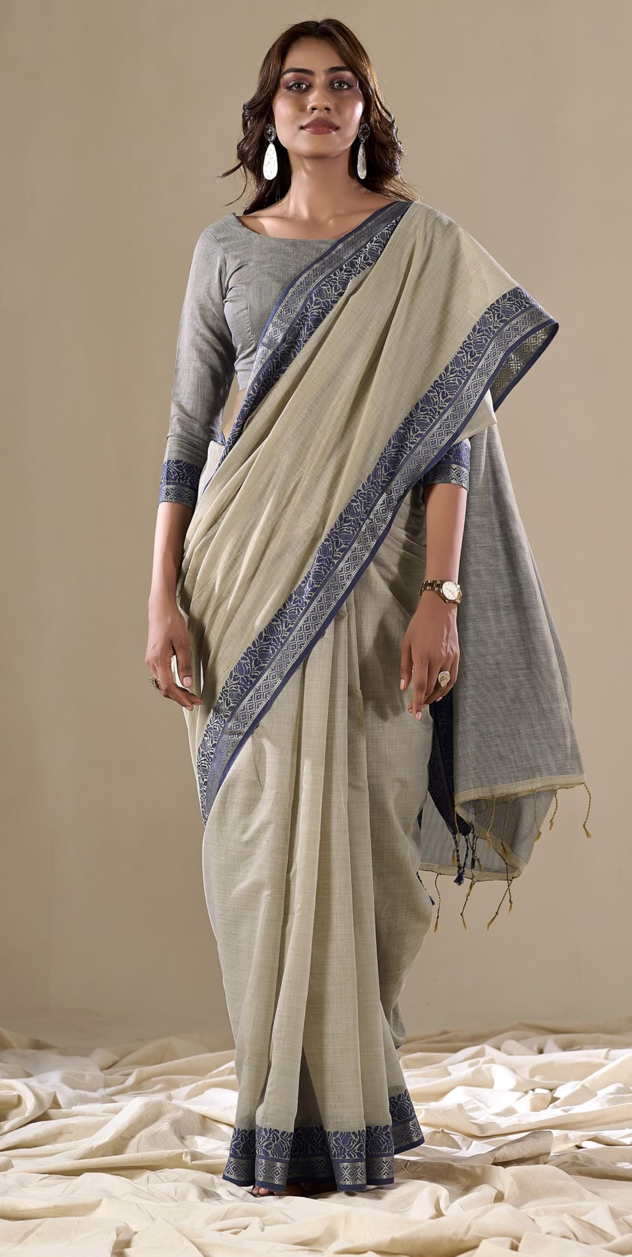 Pujia Mills WomenS Handloom Cotton Saree With Contrast Weaving Border Indian Ethnic Wear Saree Office Wear Cotton Saree With Un