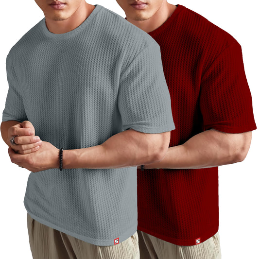 SHODOX Mens Solid Dotted Unique Design Oversized Tshirt for Men - Round Neck Loose Fit Drop Shoulder Mens T-Shirt (Pack of 2)