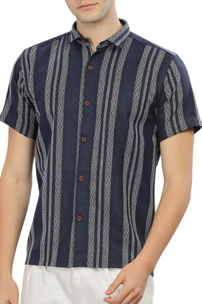 Mildin MenS Cotton Blend Striped Printed Shirt With Spread Collared Neck Half Sleeve Button Closure Regular Fit Straight Standa