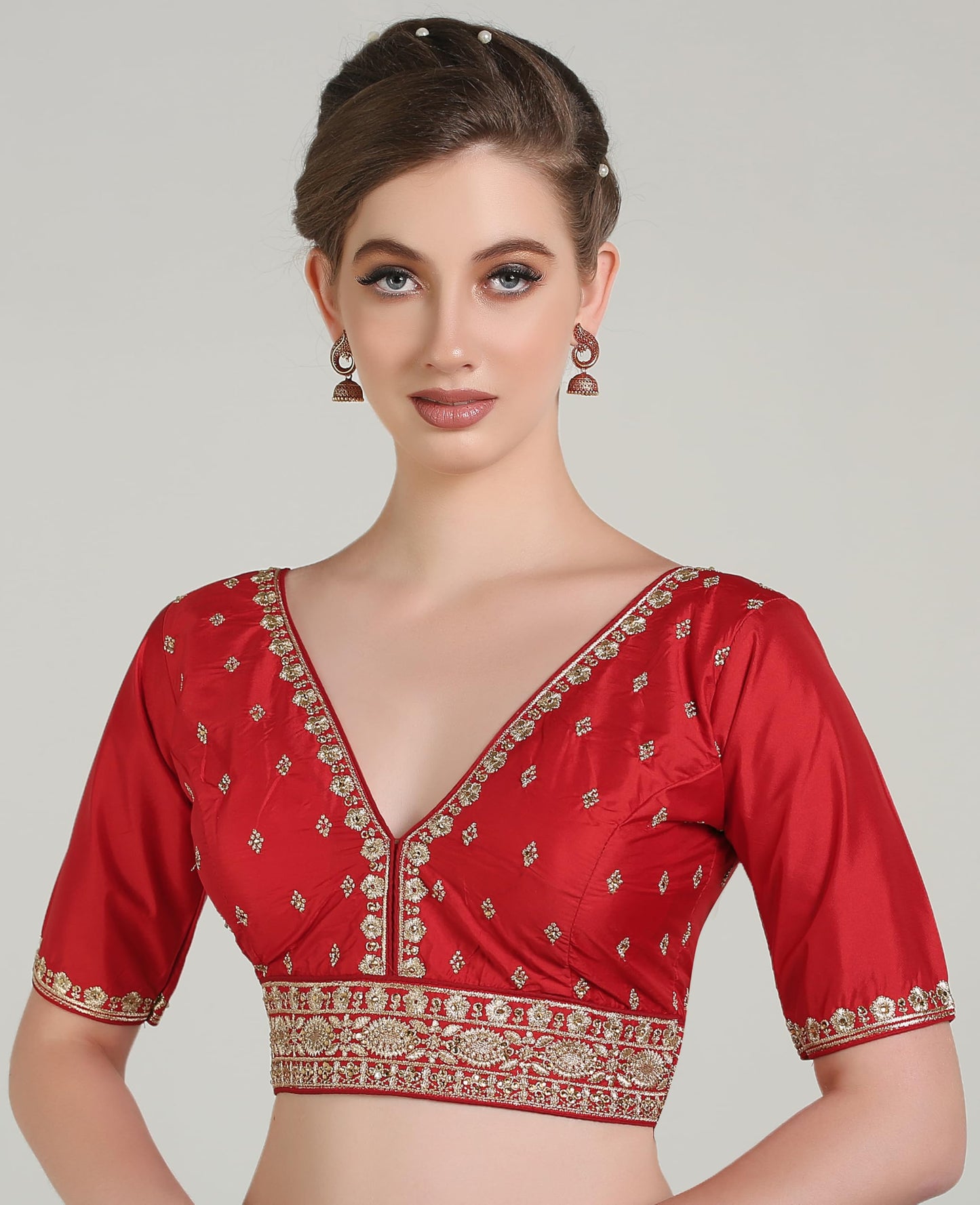 Pujia Mills Woman Readymade Ethnic Wear Deep V Neck Classic Butti Designer Half Sleeve Red Blouse Online Embroidery Zari Work Wi