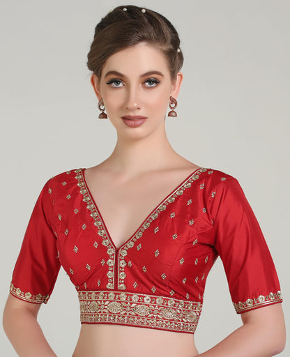 Pujia Mills Woman Readymade Ethnic Wear Deep V Neck Classic Butti Designer Half Sleeve Red Blouse Online Embroidery Zari Work Wi