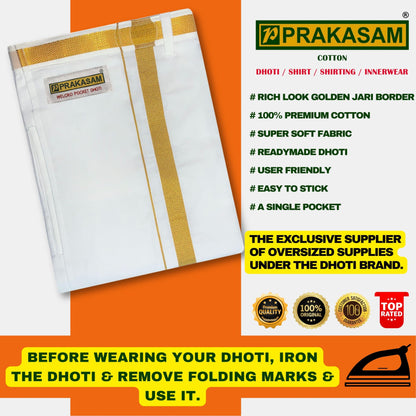 PRAKASAM COTTON White Colour-Gold Jari Border Welcro Pocket Stitched dhoti for mens/Size Hip -30 inches- Length- 42 inches