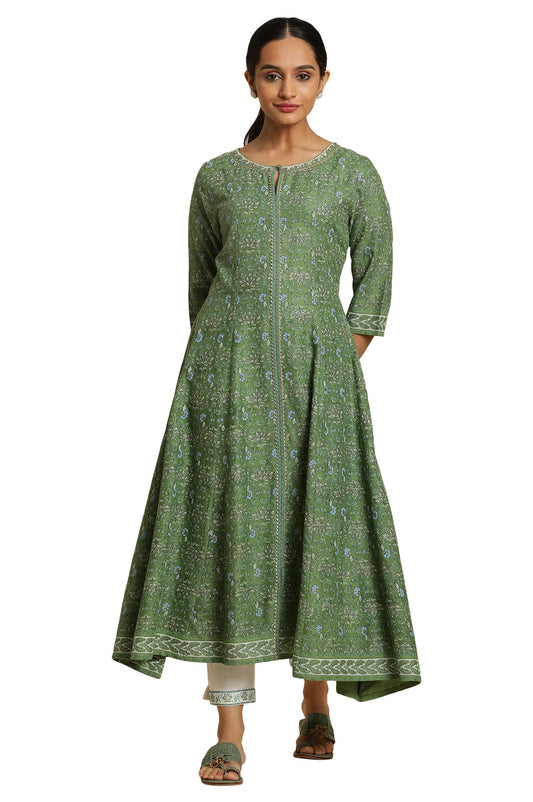 W for Woman Forest Green Printed Panelled Kurta