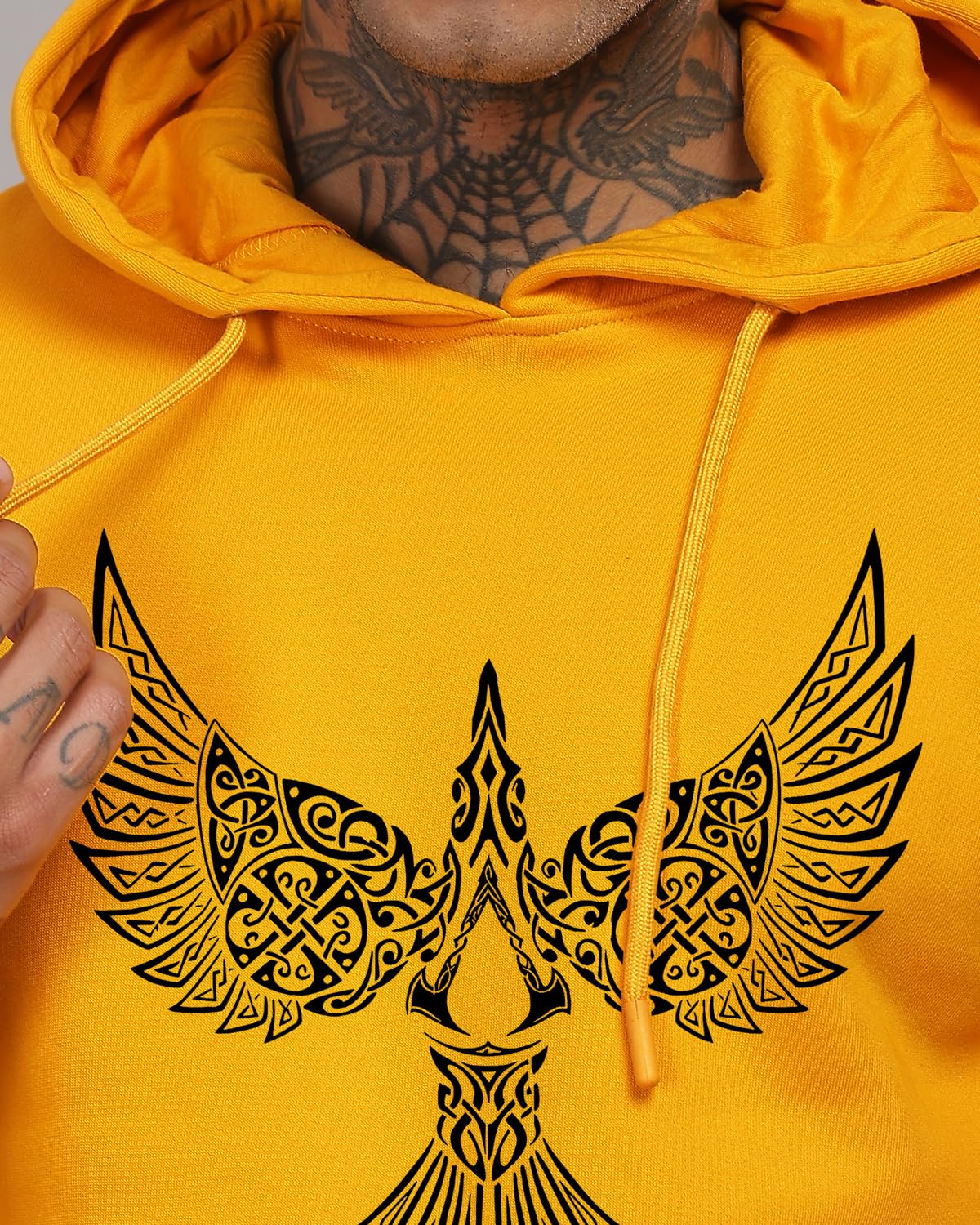 ADRO Men's Cotton Neck Hooded Sweatshirt (H24-BIRD-MU_Mustard