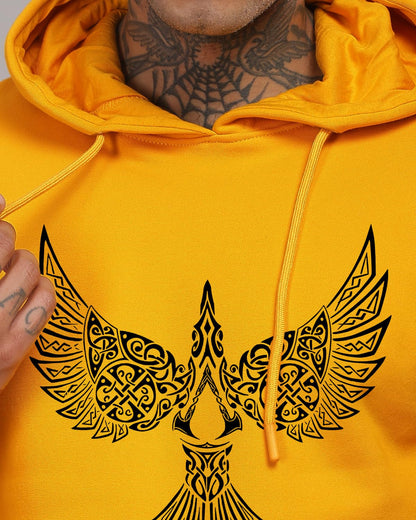 ADRO Men's Cotton Neck Hooded Sweatshirt (H24-BIRD-MU_Mustard