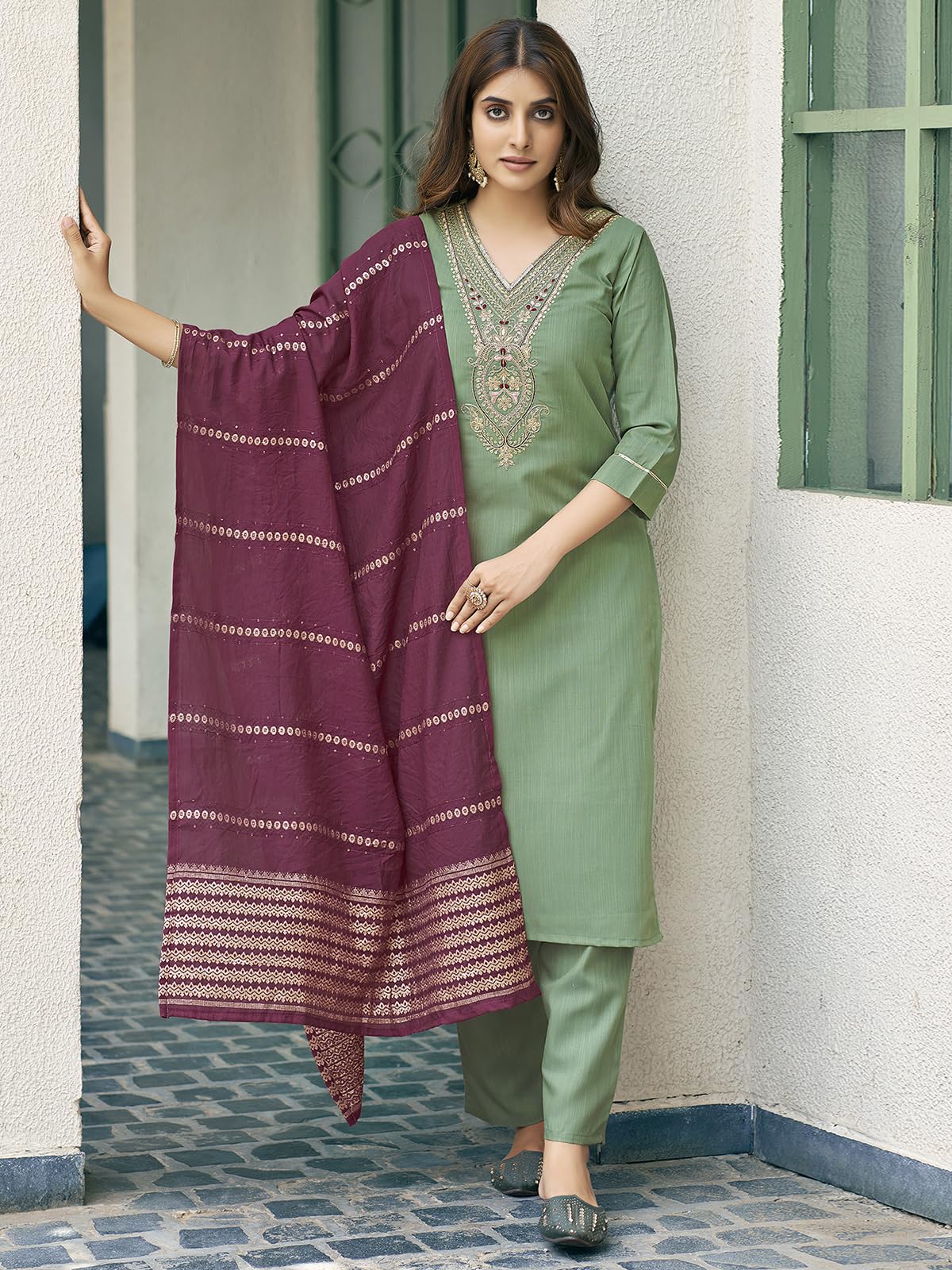 Sanisa Womens Cotton Blend Sequence Embroidery Work Straight Kurta with Pant and Dupatta Set| Ethnic Set | Suit Set | Kurta Set