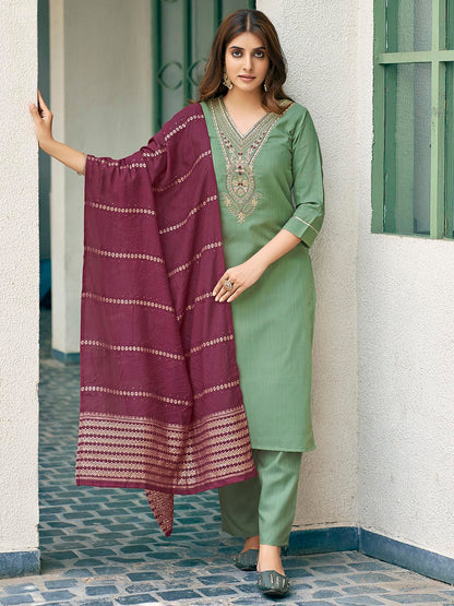 Sanisa Womens Cotton Blend Sequence Embroidery Work Straight Kurta with Pant and Dupatta Set| Ethnic Set | Suit Set | Kurta Set