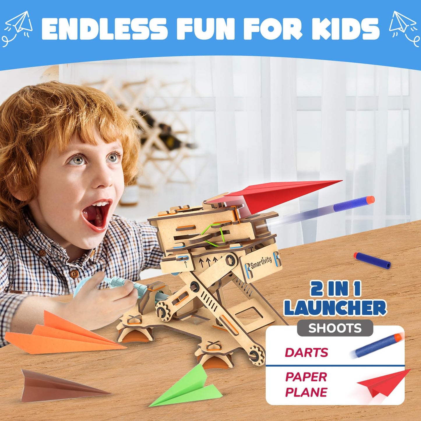 Smartivity 2in1 Hydraulic Airplanes & Darts Launcher STEM Toy for Kids 6-14, Engineered Wood, Multi Color, Model SMRT1163