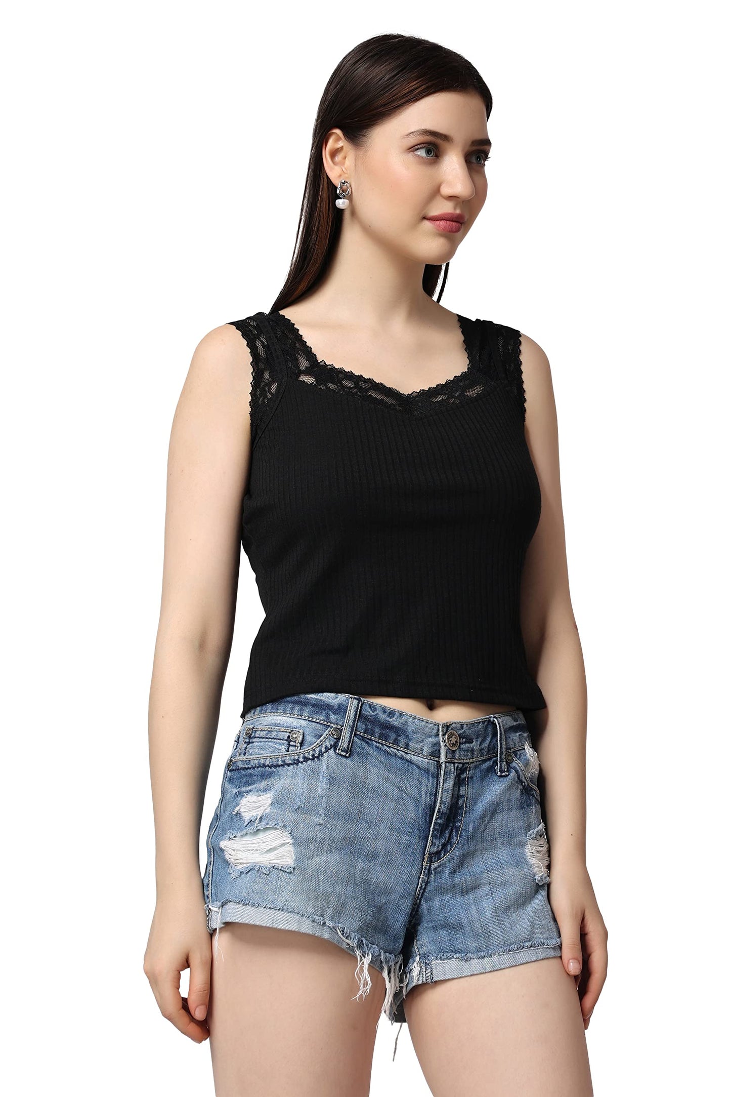 POPWINGS Casual Solid Self Design Ribbed Lace Work Crop Top for Women || Sleeveless Crop Top for Women || Sweetheart Neck Women