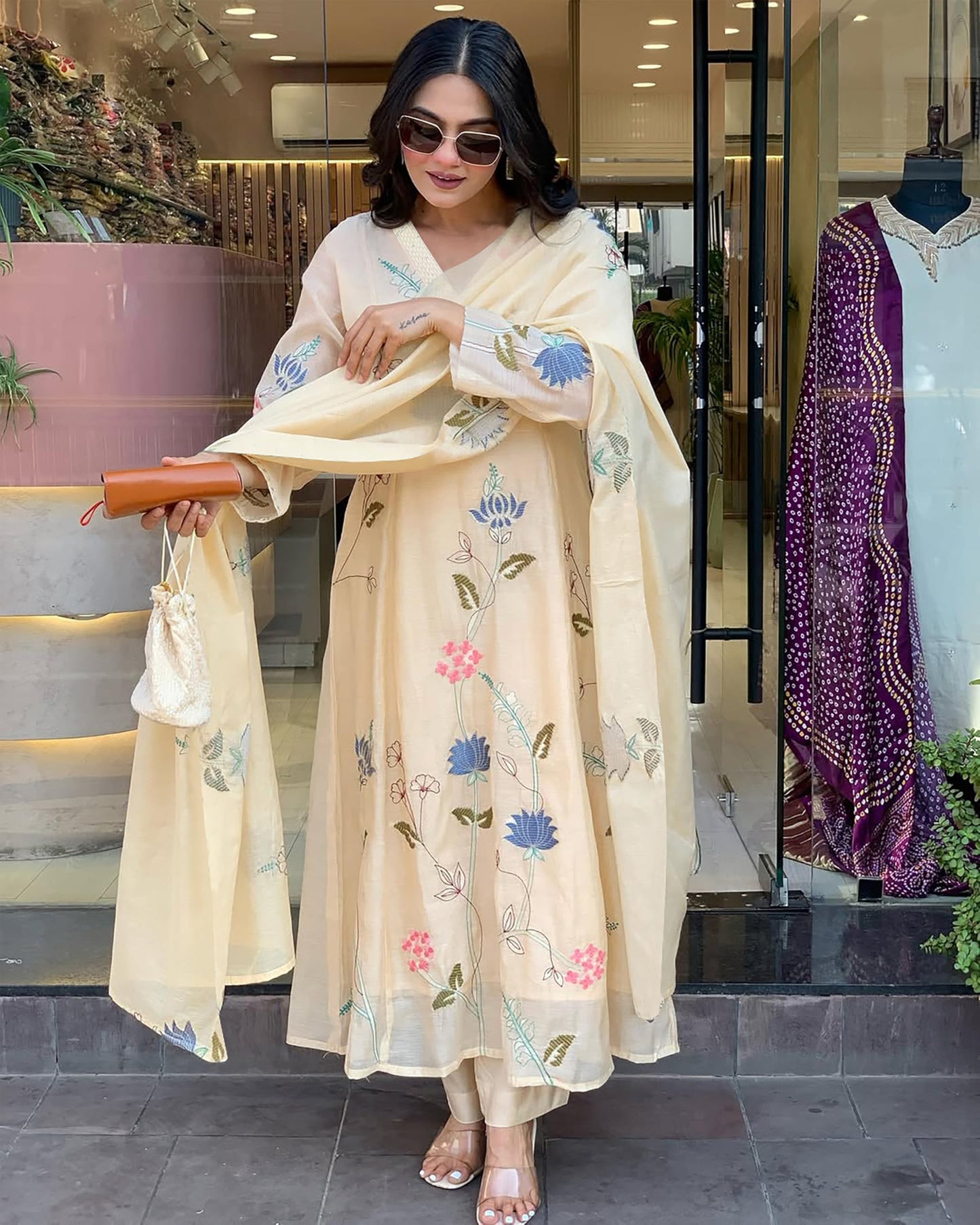 Toochki Womens Muslin Anarkali Embroidered with Printed Kurta with Palazzo and Dupatta Beige
