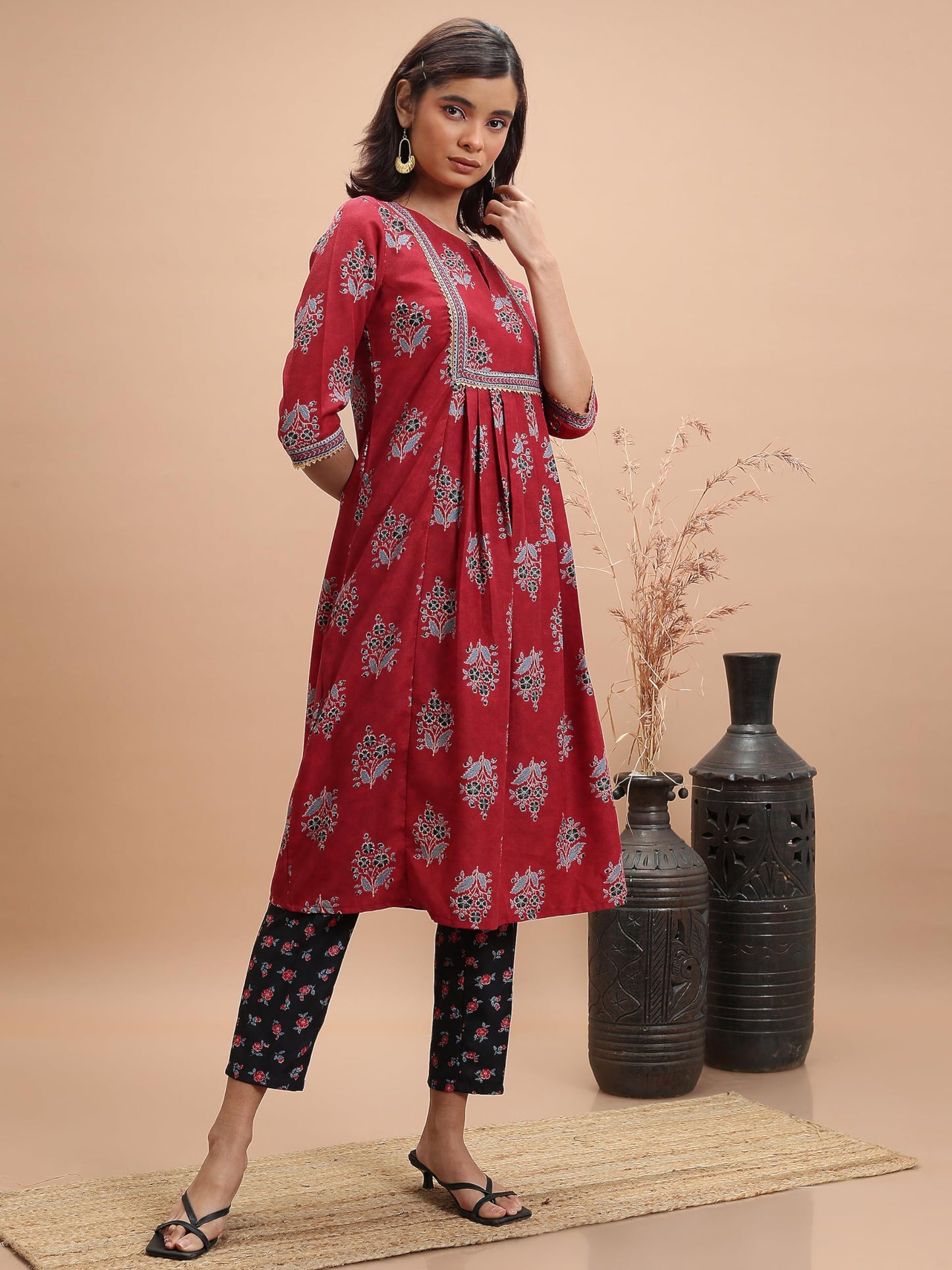 Ketch WomenS Polyester Kurta Set (Khk3001096_Green/Pink