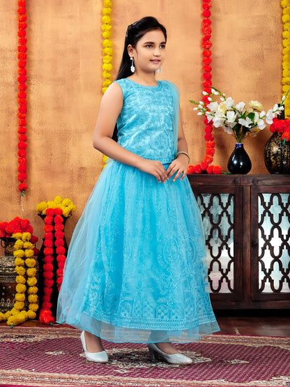 Aarika Girls Ethnic Wear Turquoise Colour Thread Embroidery Net Lehenga Choli Set (4-10 Years)