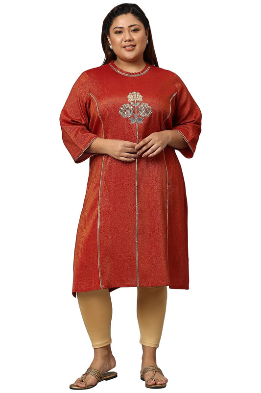 Aurelia Women Crimson Viscose Zari Solid Yarn Dyed Straight Kurta