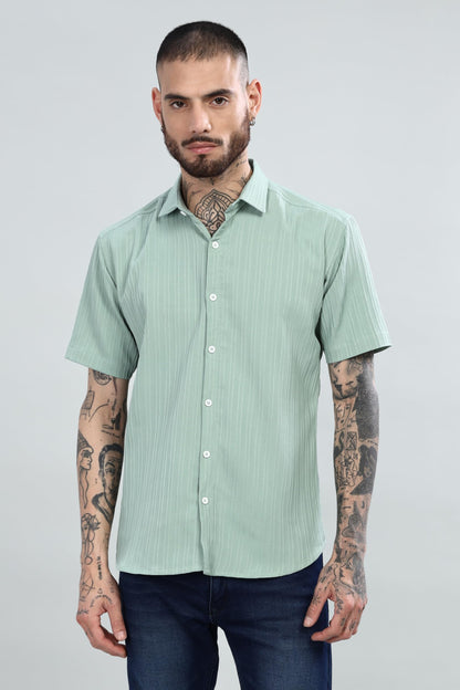 Mildin MenS Cotton Blend Shirt With Self Design Textured Stripes Spread Collar Neck Half Sleeve Western Hip Length | Pista