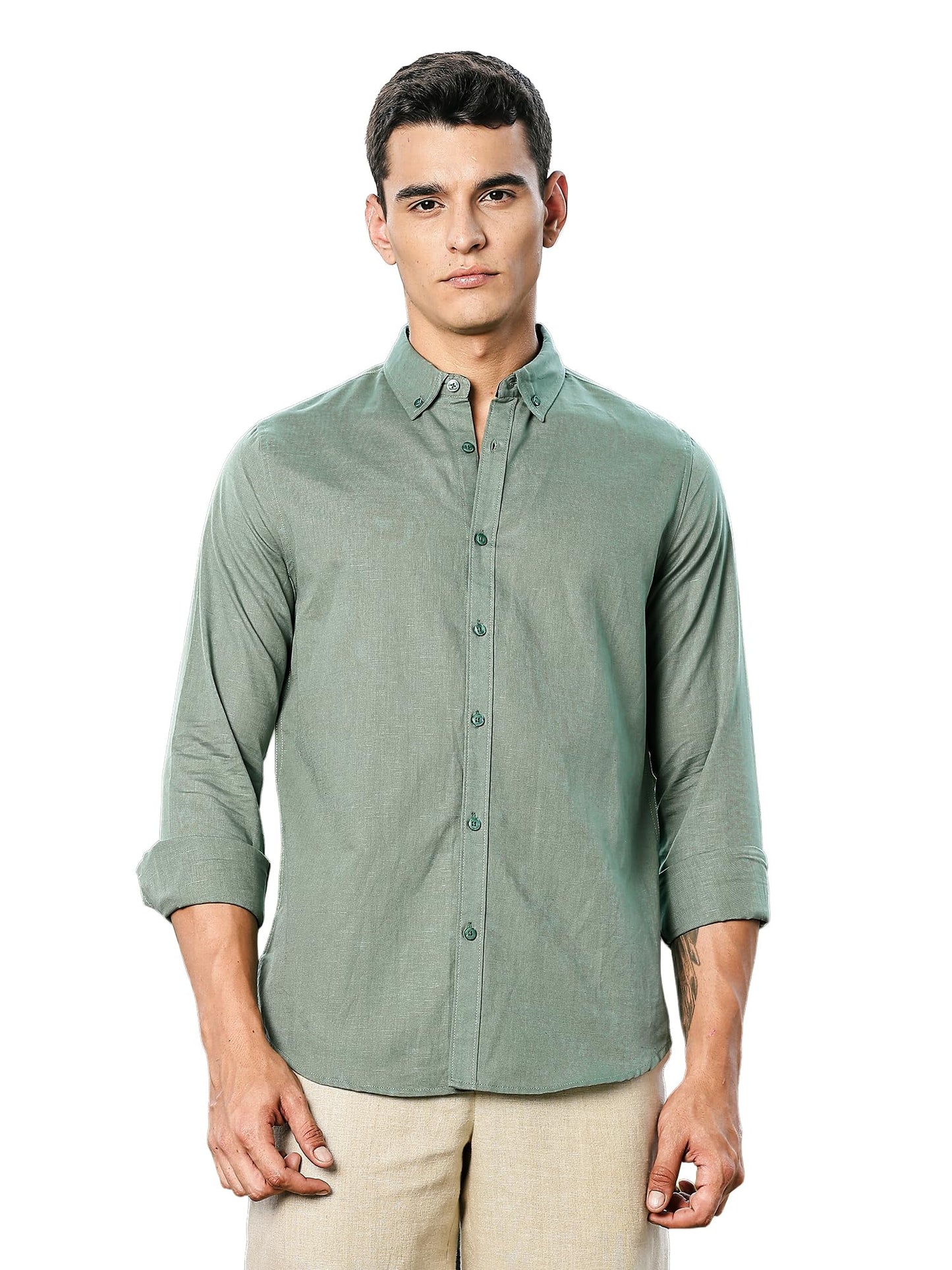 Thomas Scott Mens | Linen Blend | Solid | Button Down Collar | Premium Cotton Linen Blend | Full Sleeve | Casual Shirt for Men