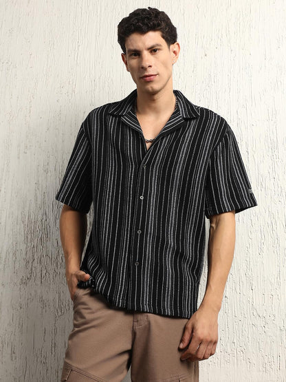 Hubberholme Men Summer Cotton Spread Collar Short Sleeves Oversized Casual Shirt 40 Black
