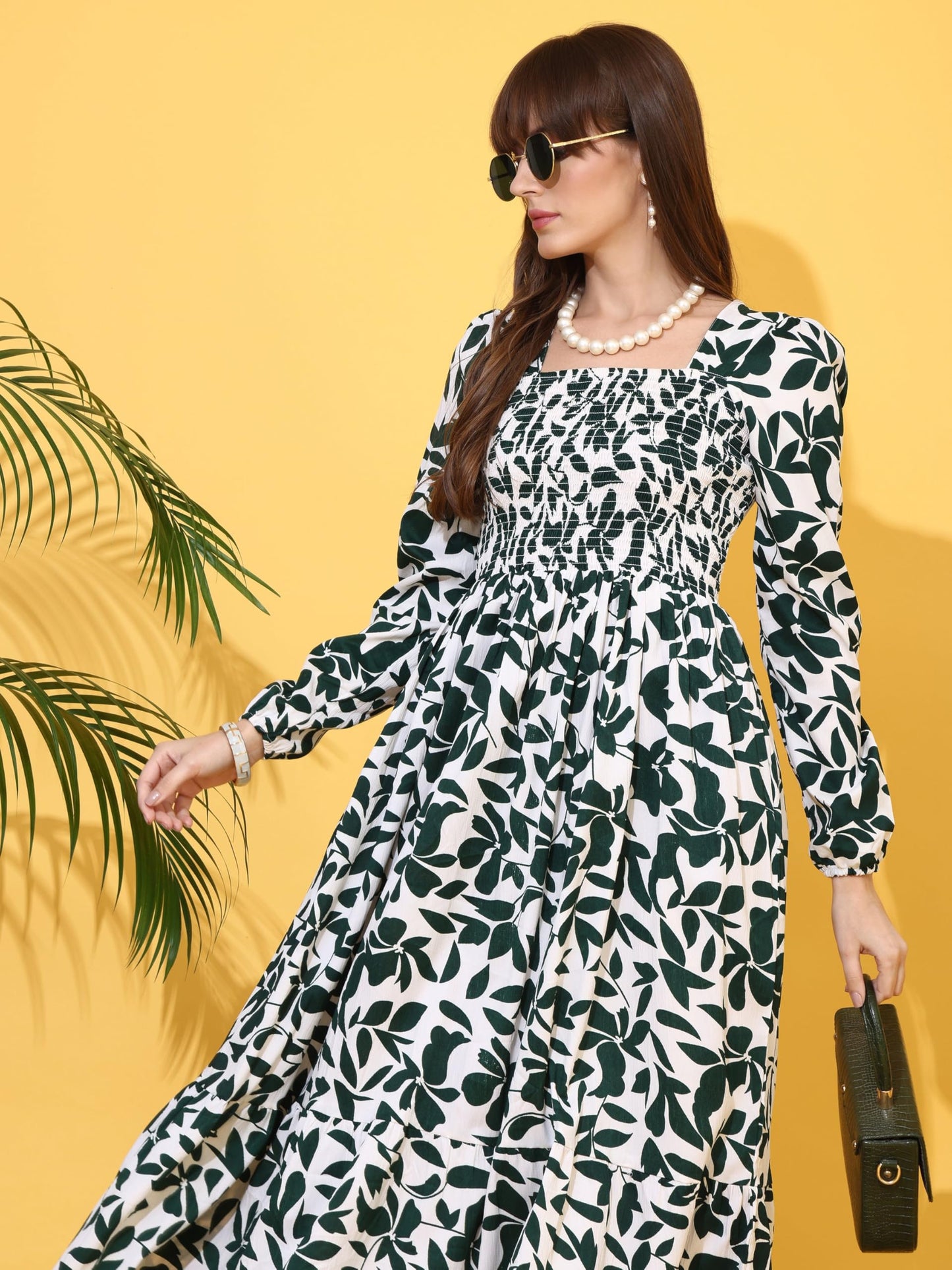 Sheetal Associates WomenS Crepe Fabric Frock Dress With Long Puff Sleeves Collared Neck Printed Pattern And Calf Length Pull On