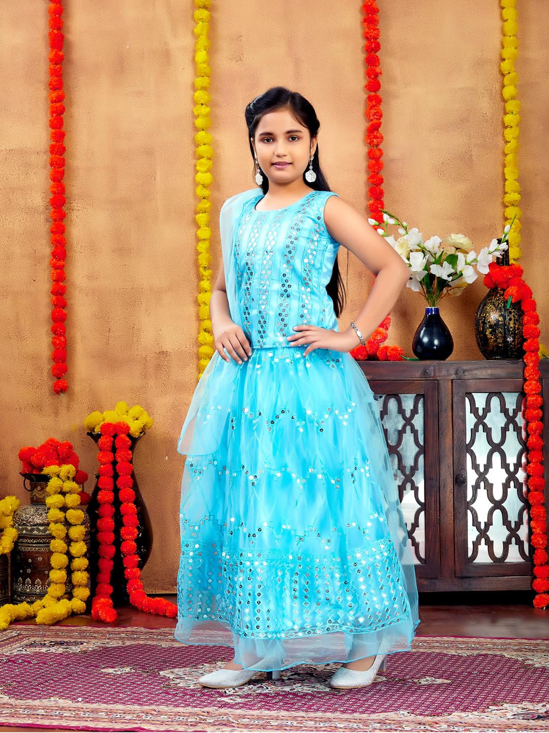 Aarika Girls Ethnic Wear Firozi Colour Sequin Embroidery Net Lehenga Choli Set (4-10 Years)