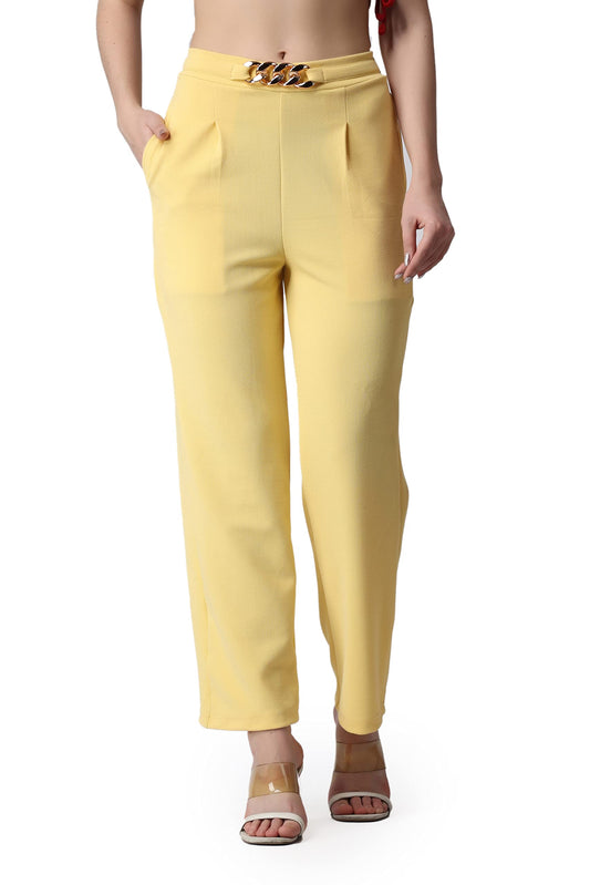 POPWINGS Solid Full-Length Pull-On Polyester Regular-Fit Formal Work Trousers for Women Lime Yellow