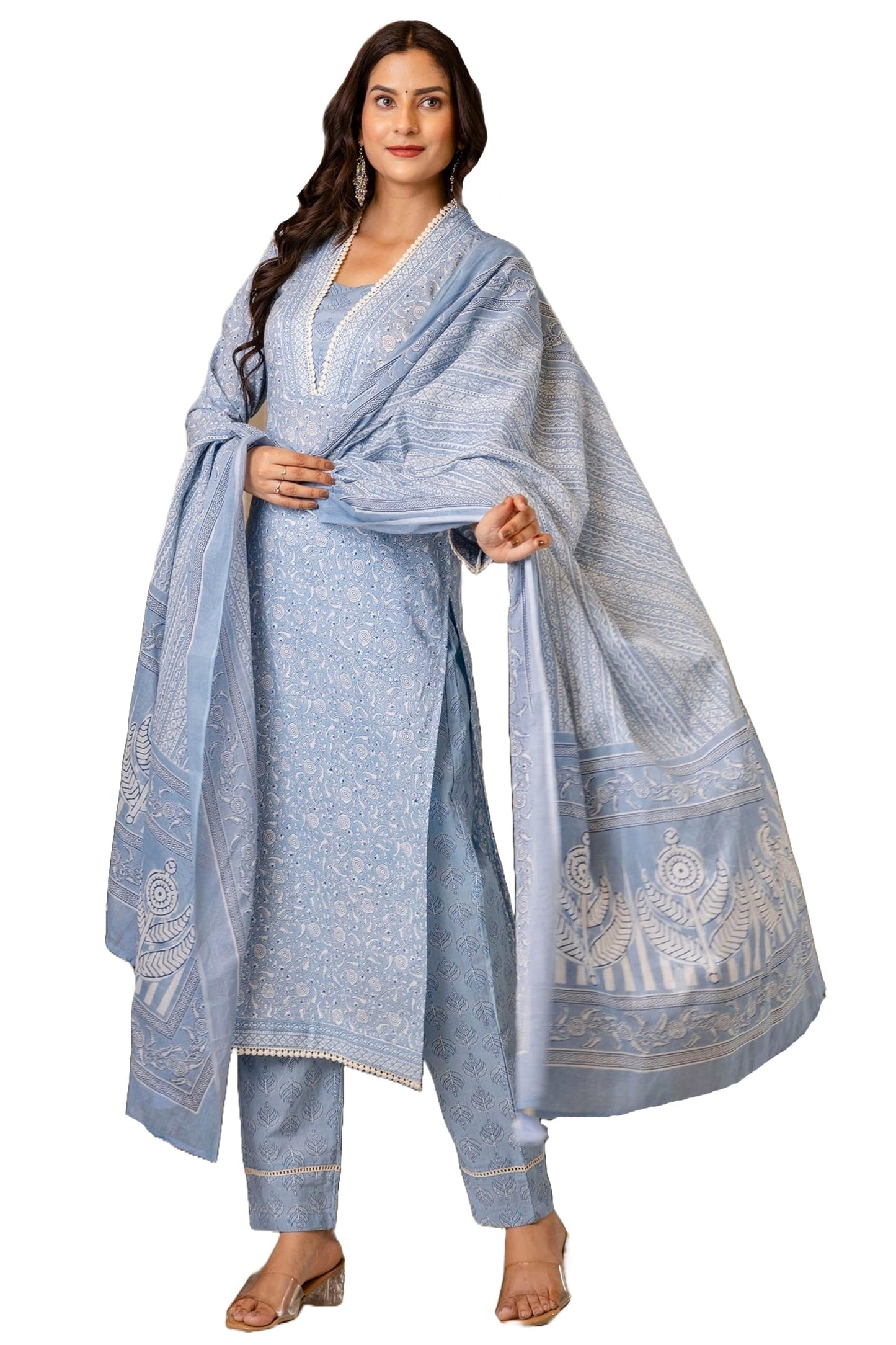 Gosriki WomenS Rayon Blend Straight Printed Kurta With Pant & Dupatta (Soneva Blue-Gs_4Xl_Blue_Xxxx-Large)