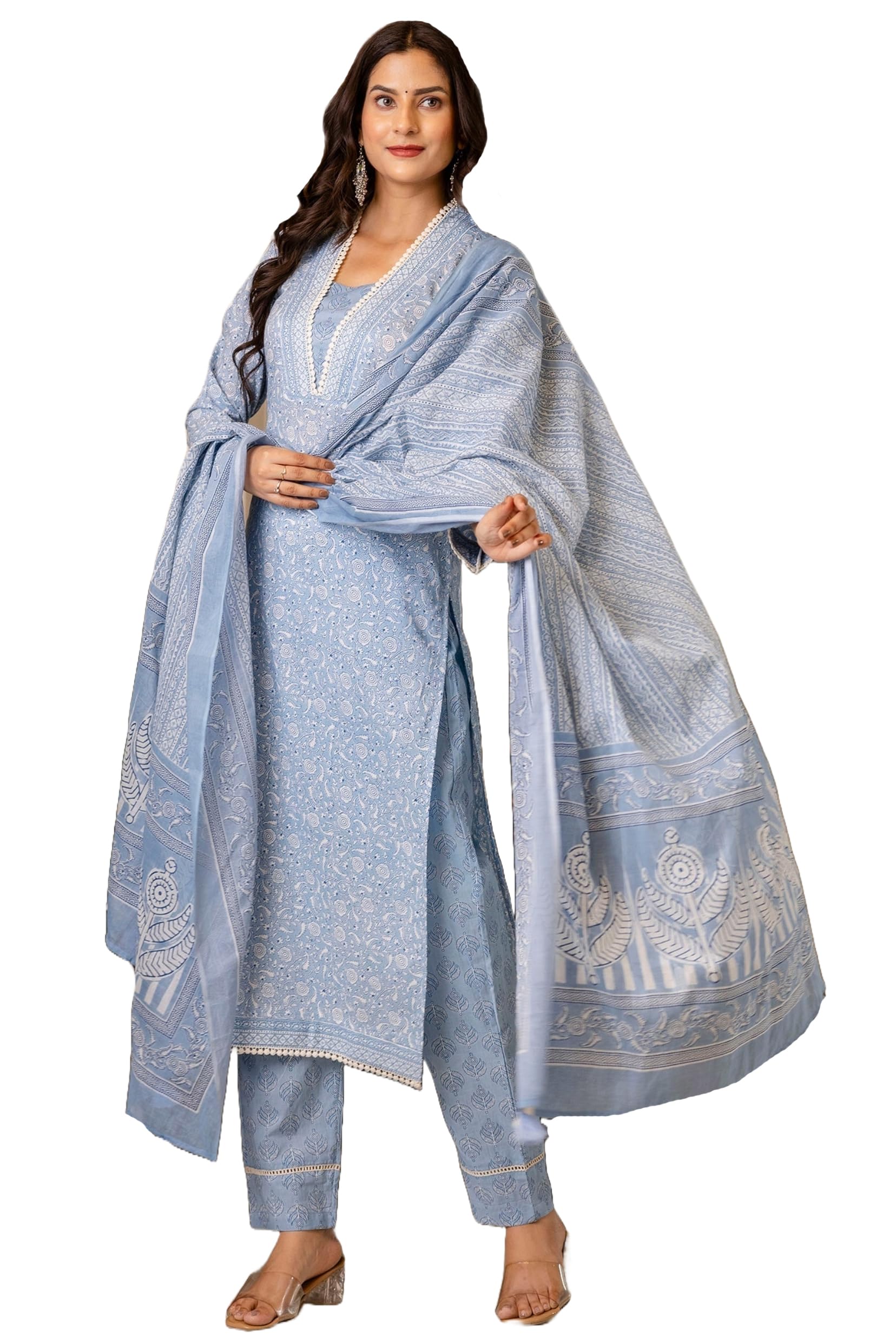 Gosriki WomenS Rayon Blend Straight Printed Kurta With Pant & Dupatta (Soneva Blue-Gs_4Xl_Blue_Xxxx-Large)