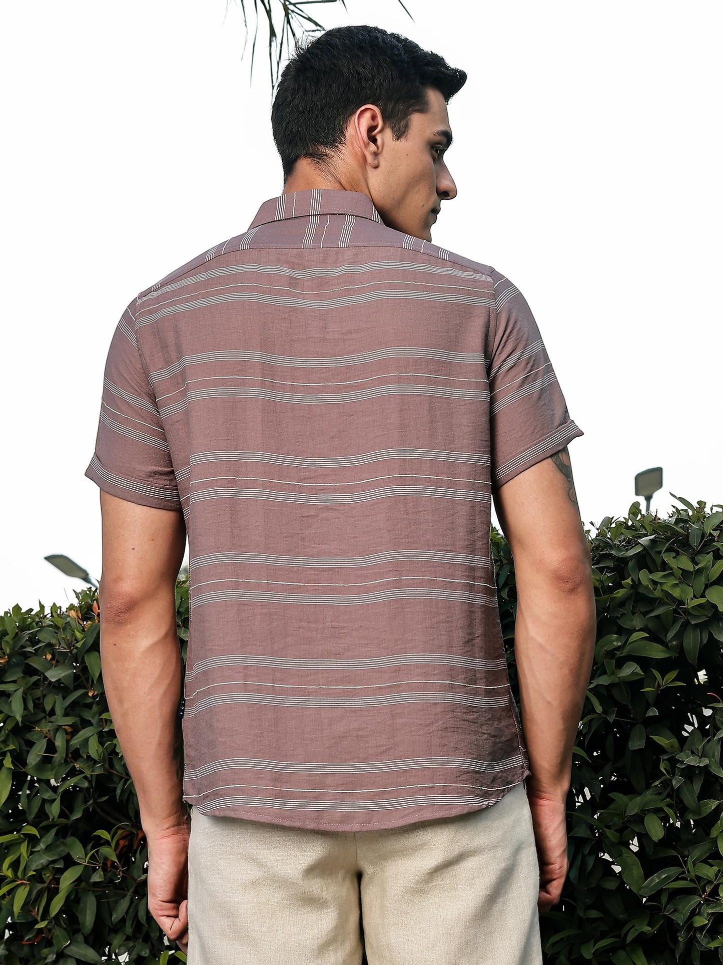 Thomas Scott Mens | Stripes | Short Sleeve | Spread Collar | Premium Polycoton Material | Slim Fit | Casual | Shirts for Men(TS