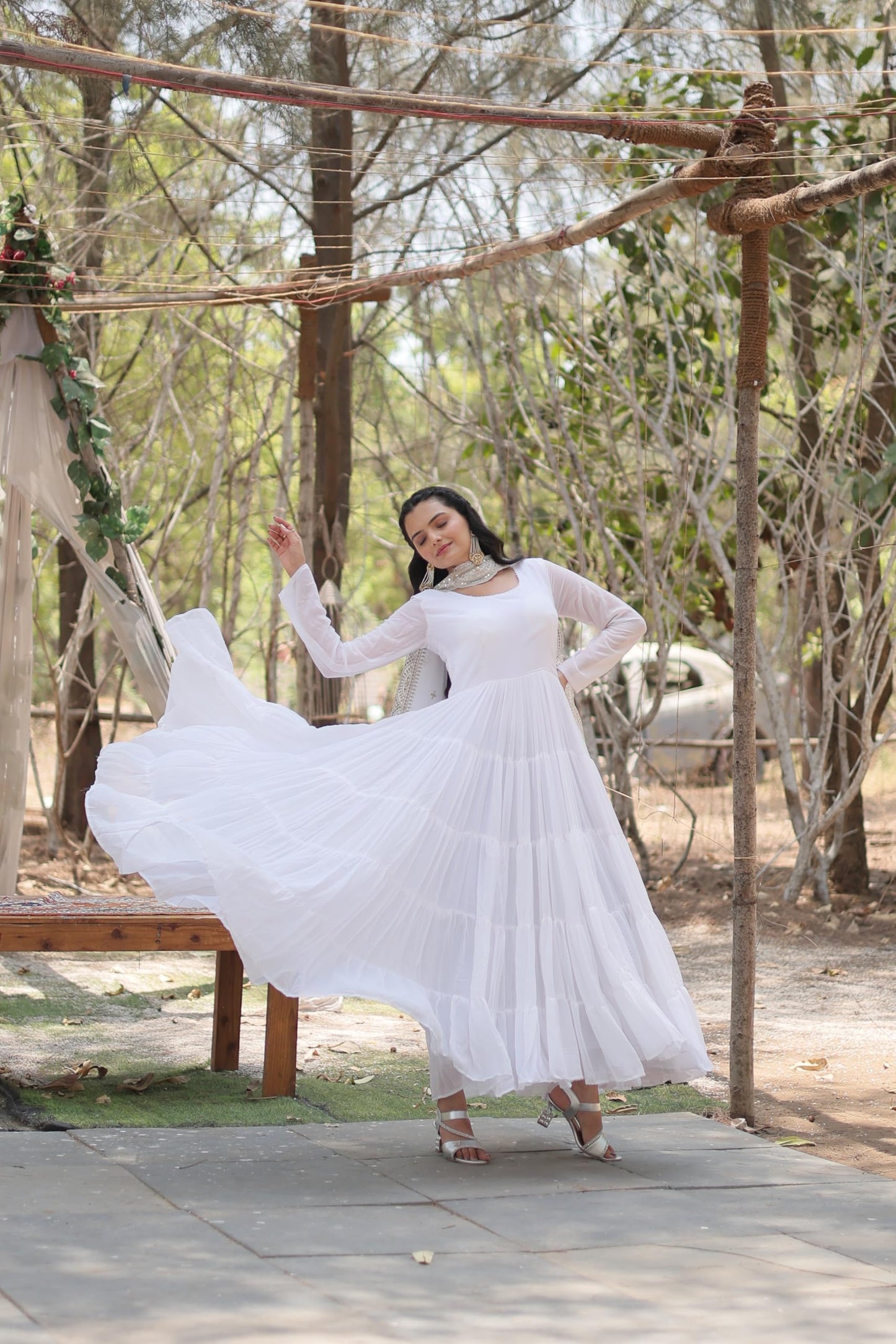 Fashion Basket WomenS Georgette Solid Anarkali Dress White