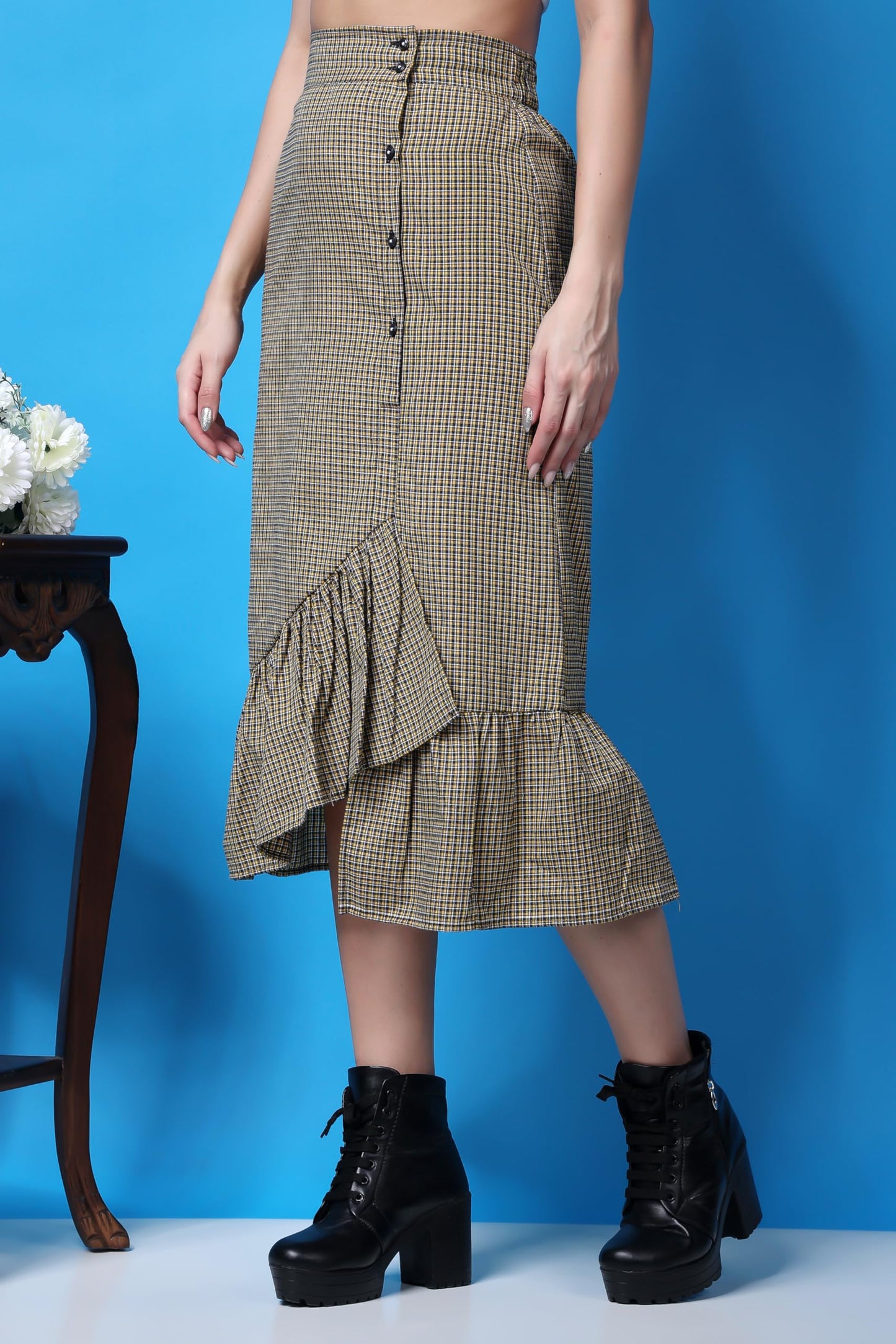 POPWINGS Casual Check Print Long Flare Skirt for Women | Cotton Skirt for Women Skirt for Women Yellow