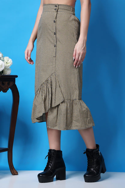 POPWINGS Casual Check Print Long Flare Skirt for Women | Cotton Skirt for Women Skirt for Women Yellow