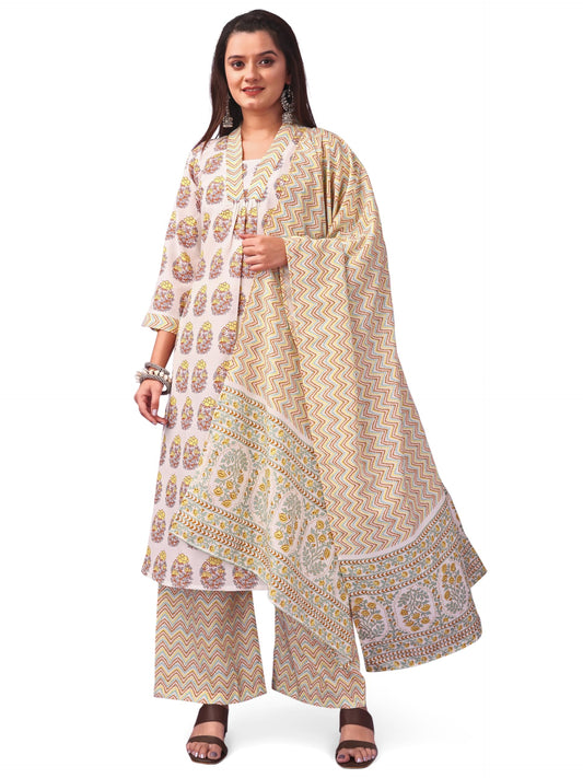 Gufrina Women's Printed Cotton Kurta Pant Dupatta Set | V-Neck, 3/4 Sleeve Ethnic Wear, Casual & Festive Occasions