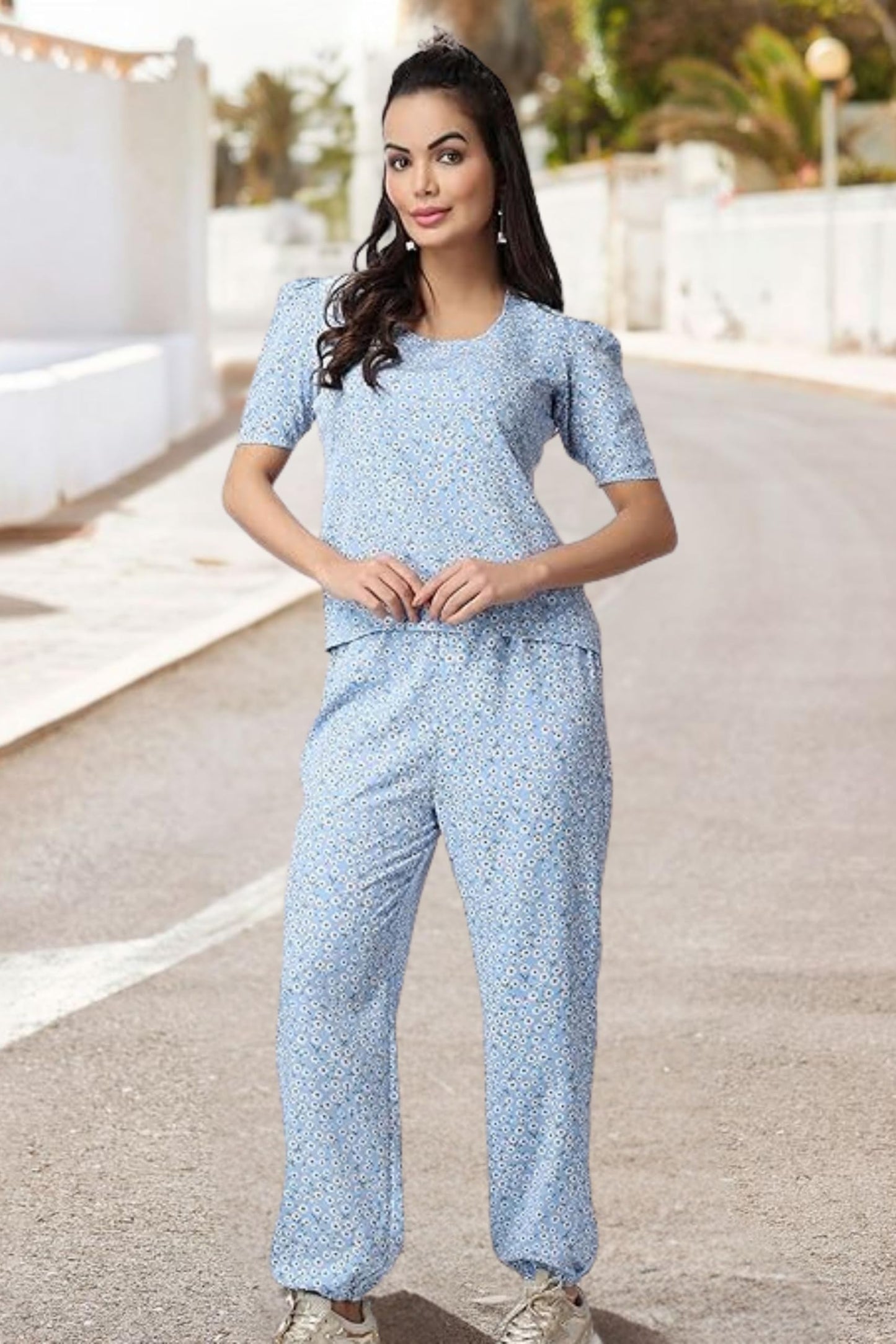POPWINGS Casual Printed Top and Joggers Co-Ord Set for Women || Stylish Summer Co-Ords Set for Women || Round-Neck Top and Jogge