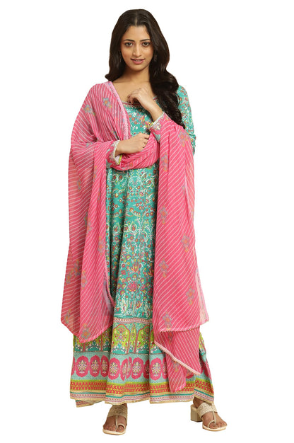 W Womens Green Floral Printed Kurta Dupatta Bottomwear with Thread Work