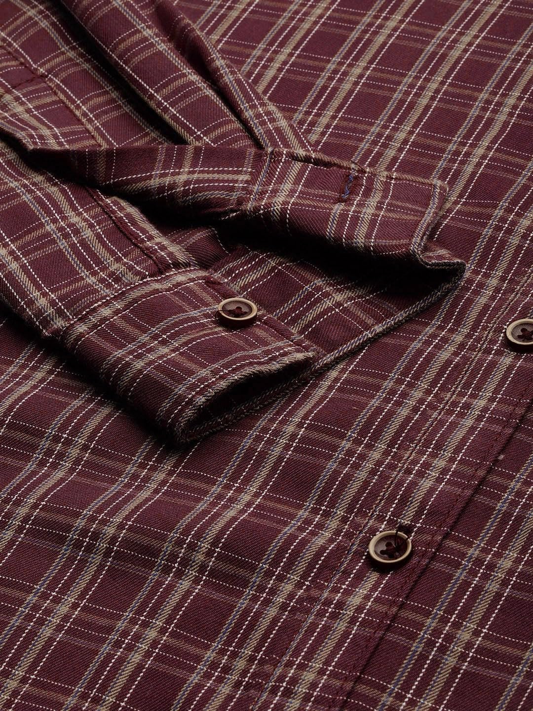 The Indian Garage Co Men Burgundy Checkered Slim Fit Cotton Casual Shirt