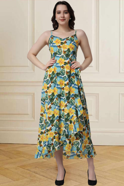 Popwings Casual Floral Printed Maxi Length Fit & Flare Dress For Women || Summer Dress For Women || Flare Maxi Dress For Women S