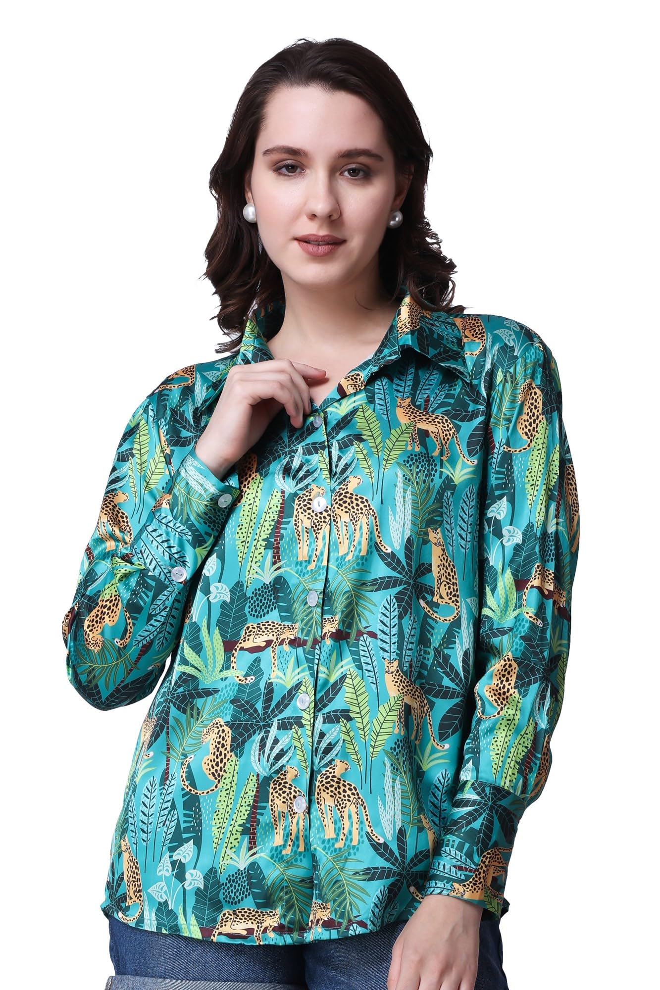 POPWINGS Printed Full-Sleeves Regular-Fit Satin Printed Shirt for Women Stylish Western Casual Wear Green