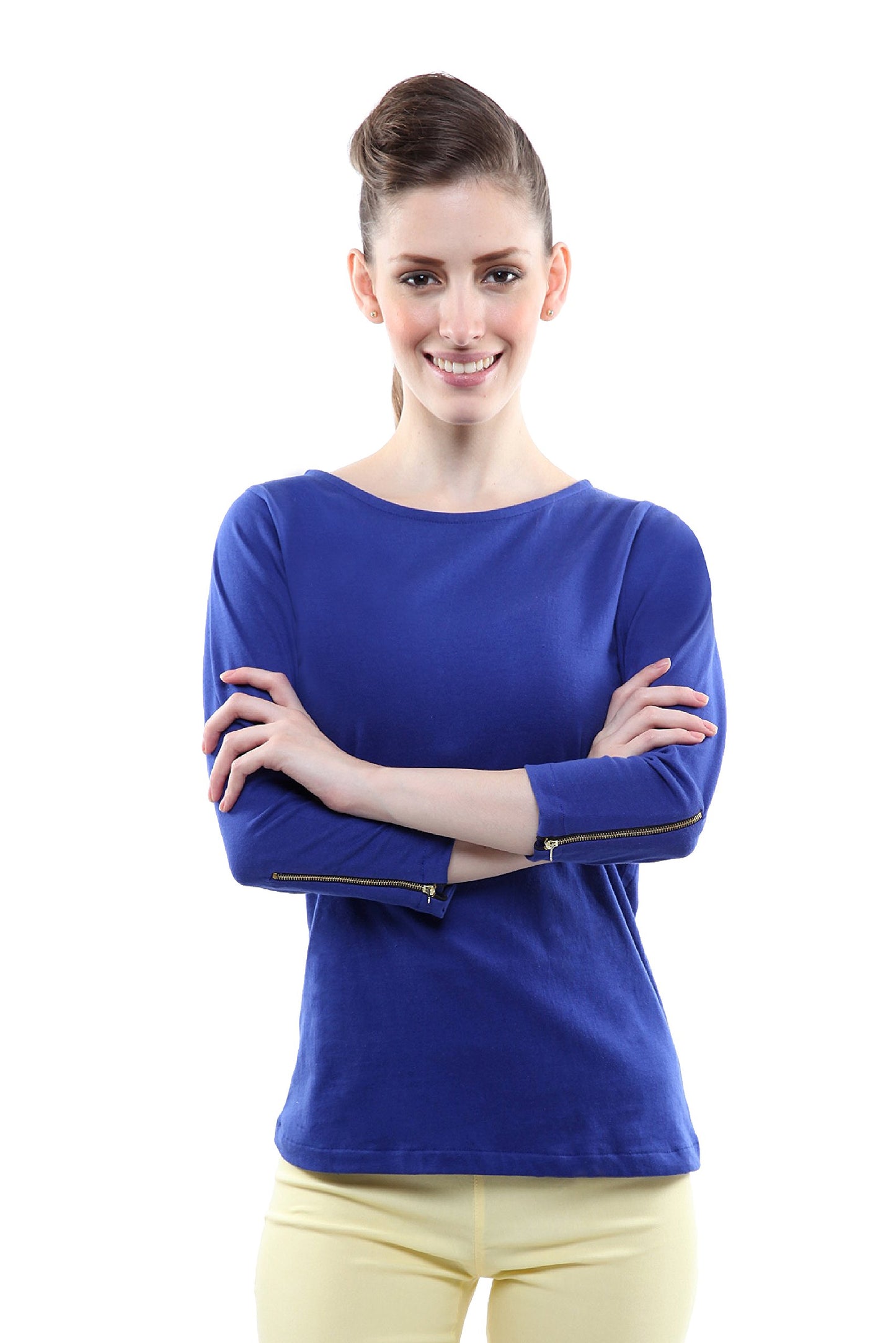 Miss Chase WomenS Cobalt Blue Round Neck 3/4 Sleeves Solid Zippered Top (Mcaw14Tp01-84-31-05-Blue-L)