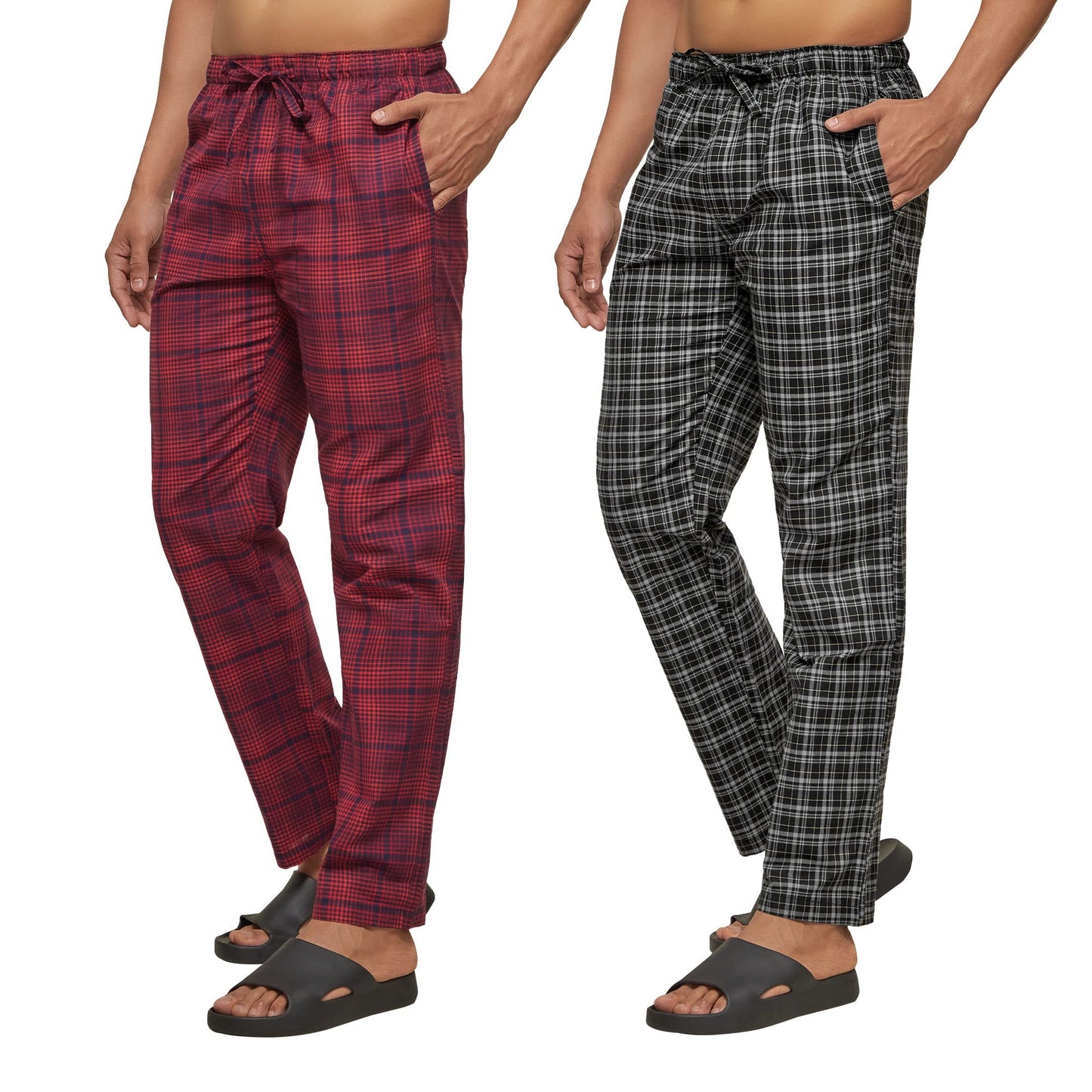 XYXX Mens Super Combed Cotton Checkered Checkmate Pyjamas [Pack of 2] Elasticated Waist, Drawstring | Loungewear for Men in Bla