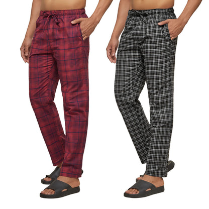 XYXX Mens Super Combed Cotton Checkered Checkmate Pyjamas [Pack of 2] Elasticated Waist, Drawstring | Loungewear for Men in Bla