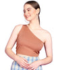 POPWINGS Women Casual Rust Self Design Rib One Shoulder Sleeveless Crop Top