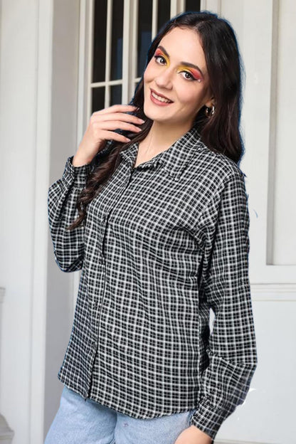 POPWINGS Casual Checks Print Cotton Full-Sleeves Shirt for Women | Stylish Summer Shirt