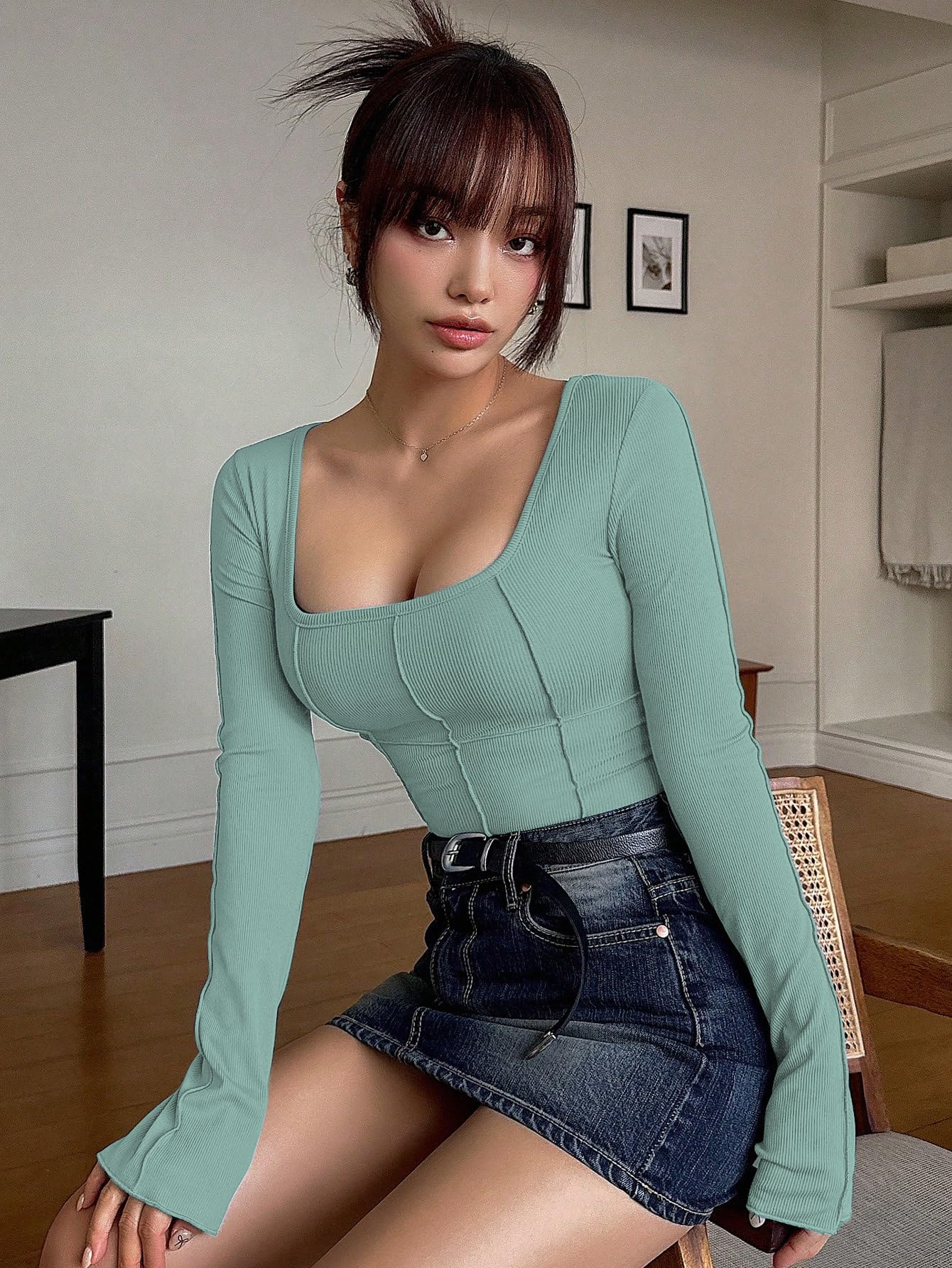 Sugathari Womens Teal Green Solid Long Sleeve Wrap-Style Square Split Crew Neck Bodycon Women T-Shirt Spring And Summer, Minima
