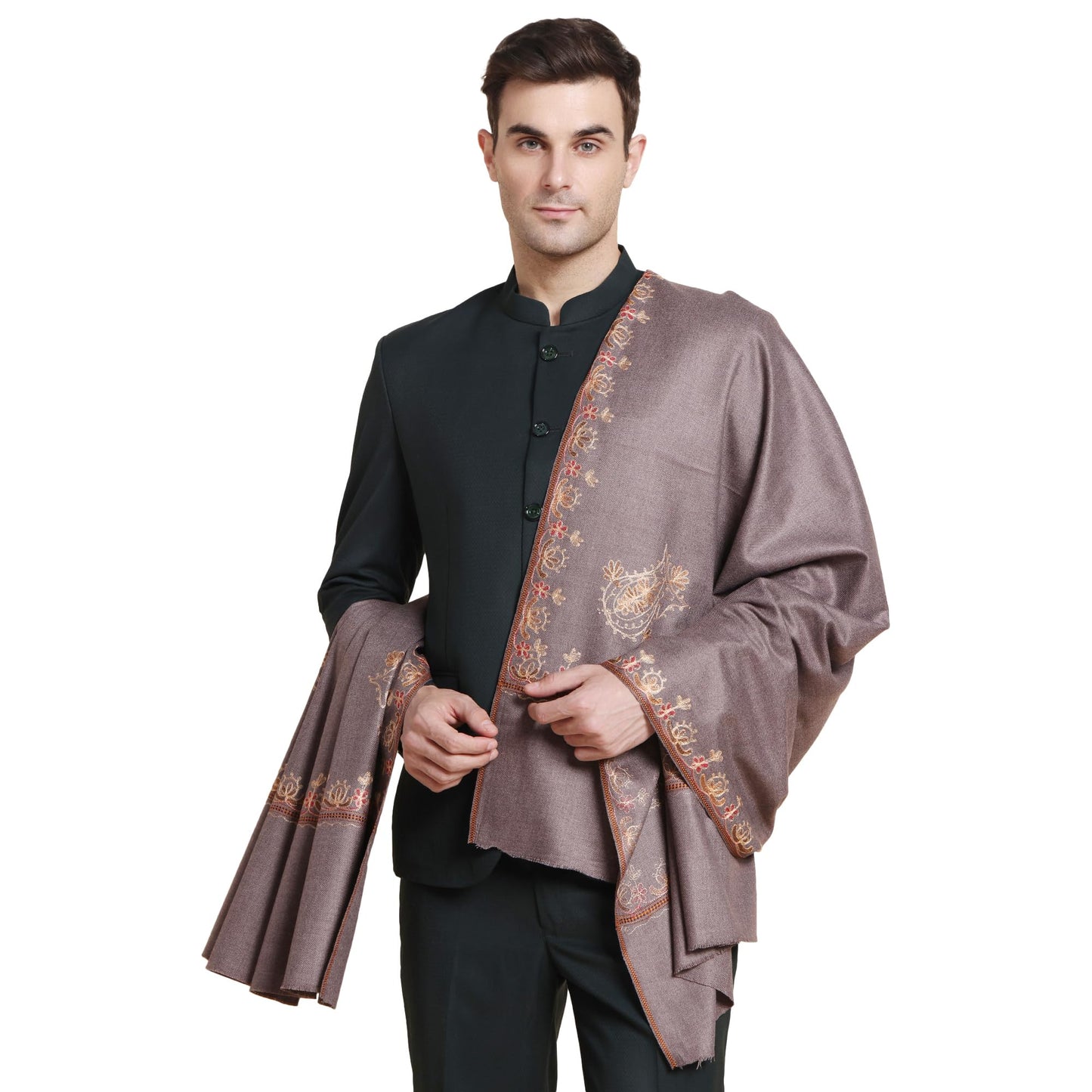 Weavers Villa Mens Acro Wool Blend Hand Embroidery Threadwork Shawl - Handloom Paisley - Stoles for Men - Gents Shawls - Soft &