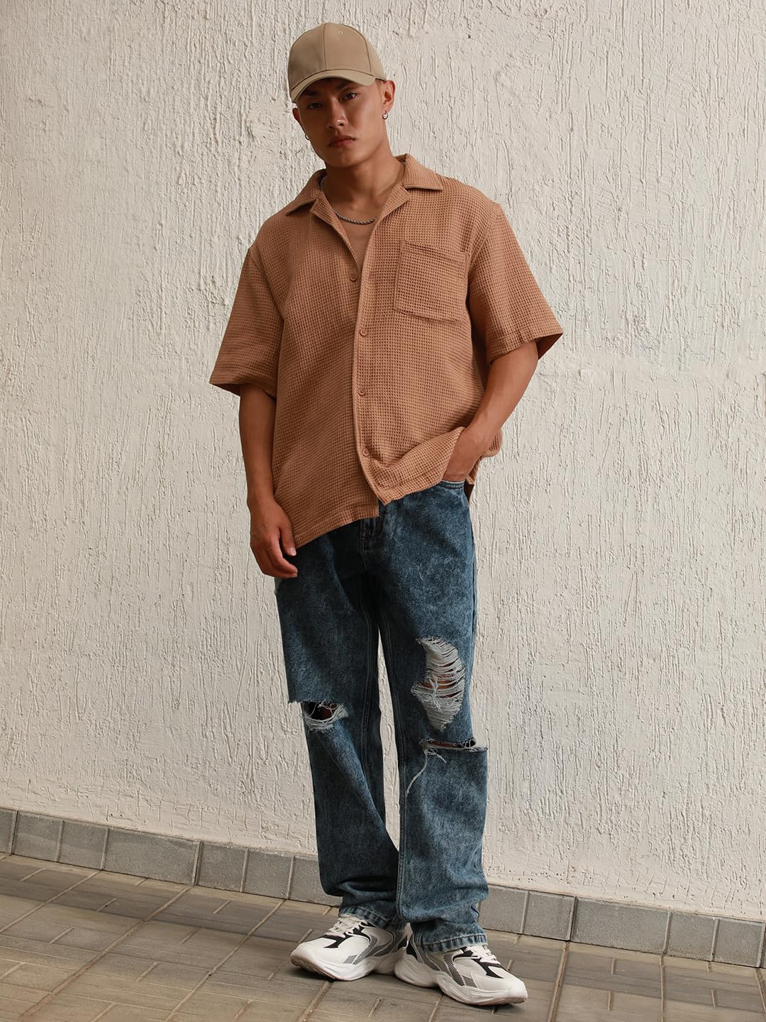 Hubberholme Brown Cotton Spread Collar Short Sleeves Solid Oversized Shirts