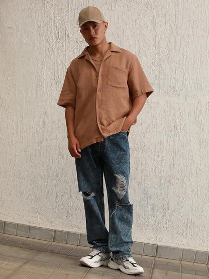 Hubberholme Brown Cotton Spread Collar Short Sleeves Solid Oversized Shirts