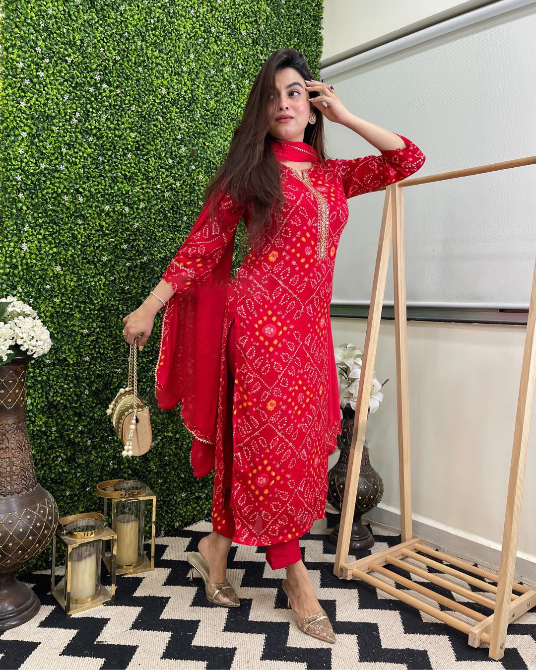 GoSriKi Women's Kurta Set with Trousers and Dupatta, Size 36, Red, Model TURAE-RED-GS