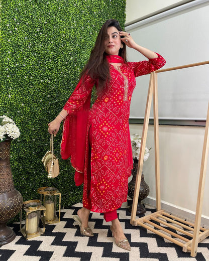 GoSriKi Women's Kurta Set with Trousers and Dupatta, Size 36, Red, Model TURAE-RED-GS